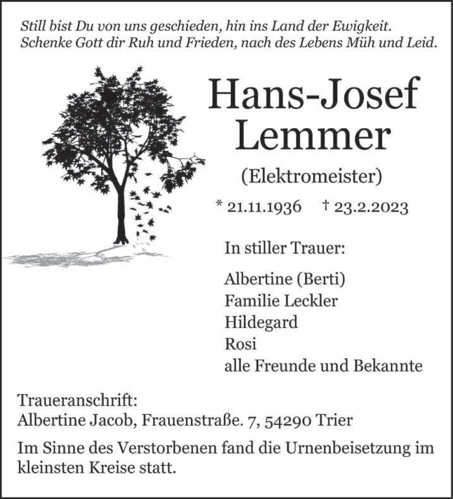  Traueranzeige für Hans-Josef Lemmer vom 18.03.2023 aus trierischer_volksfreund