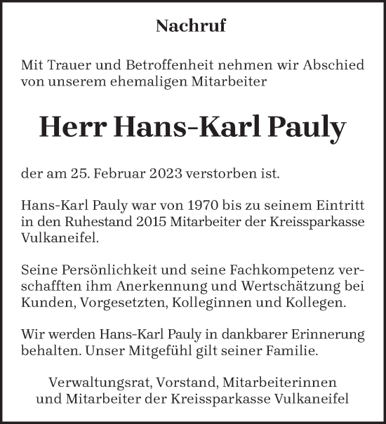 Traueranzeige von Hans-Karl Pauly von trierischer_volksfreund