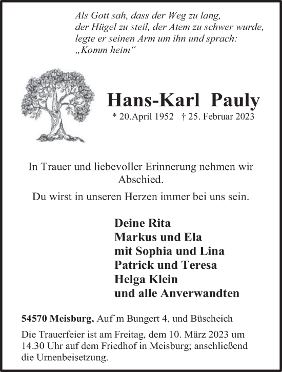 Traueranzeige von Hans-Karl Pauly von trierischer_volksfreund