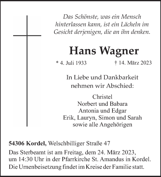 Traueranzeige von Hans Wagner von trierischer_volksfreund