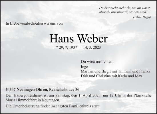 Traueranzeige von Hans Weber von trierischer_volksfreund