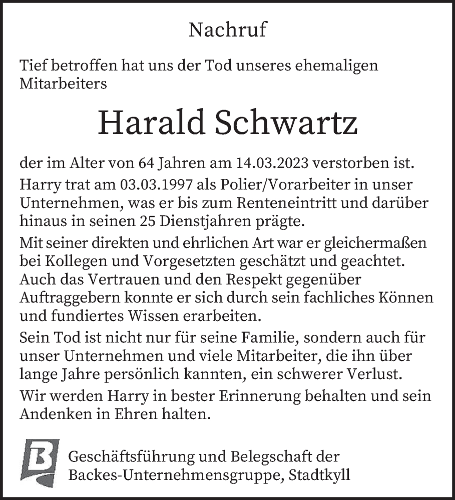  Traueranzeige für Harald Schwartz vom 17.03.2023 aus trierischer_volksfreund