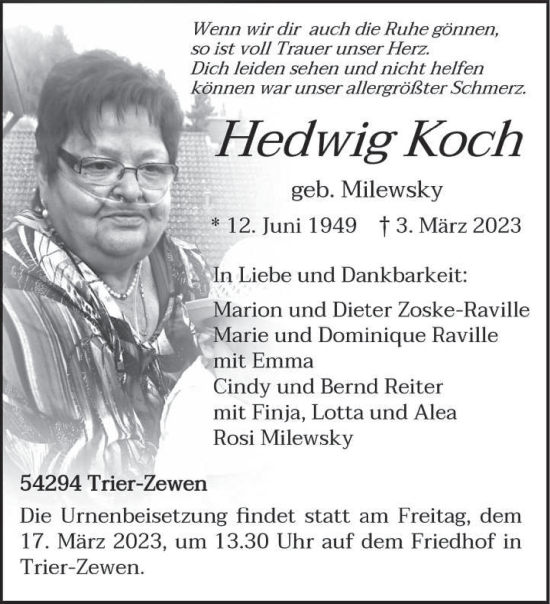 Traueranzeige von Hedwig Koch von trierischer_volksfreund