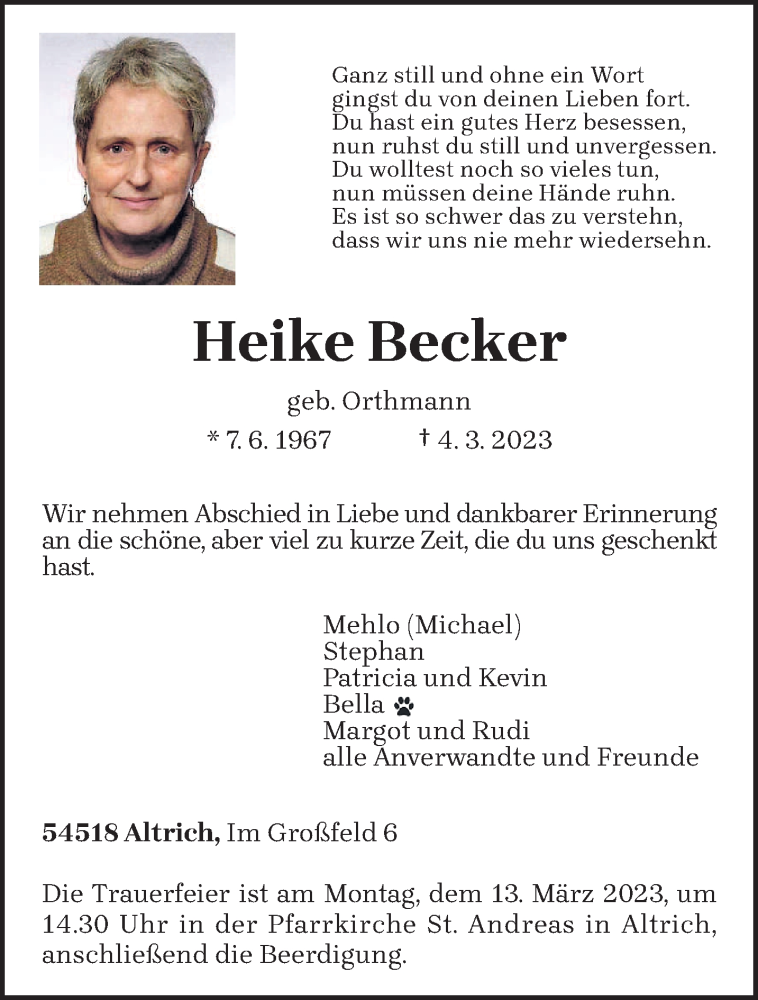  Traueranzeige für Heike Becker vom 08.03.2023 aus trierischer_volksfreund