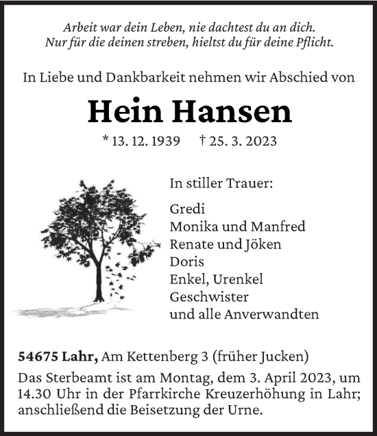 Traueranzeige von Hein Hansen von trierischer_volksfreund