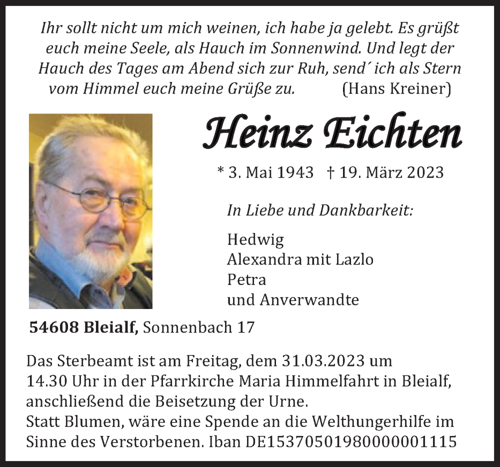  Traueranzeige für Heinz Eichten vom 27.03.2023 aus trierischer_volksfreund