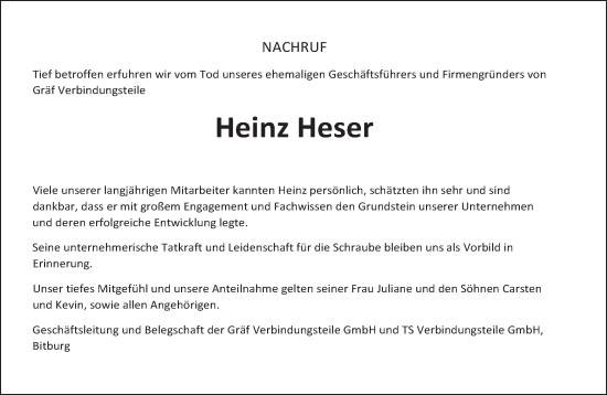 Traueranzeige von Heinz Heser von trierischer_volksfreund
