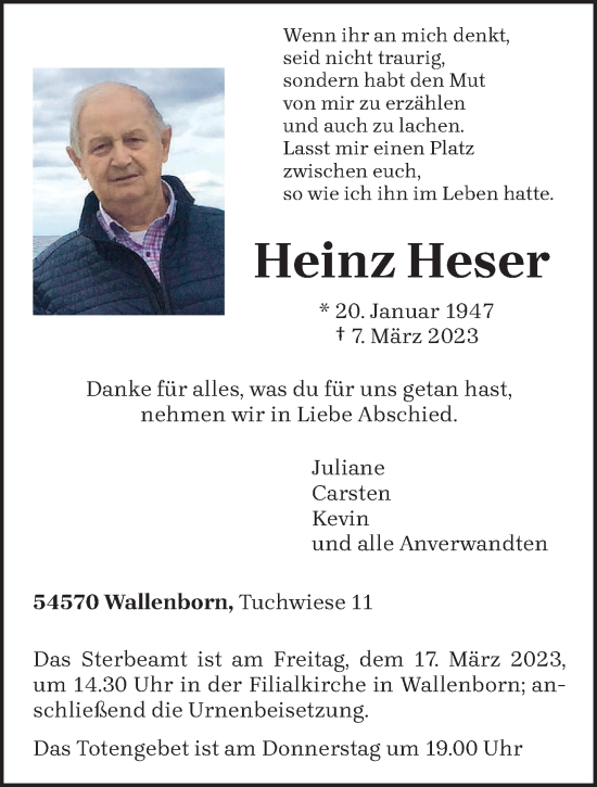 Traueranzeige von Heinz Heser von trierischer_volksfreund