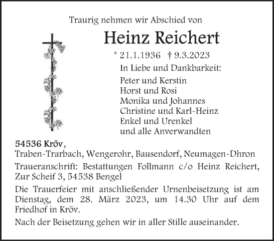 Traueranzeige von Heinz Reichert von trierischer_volksfreund