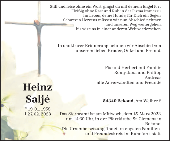 Traueranzeige von Heinz Saljé von trierischer_volksfreund