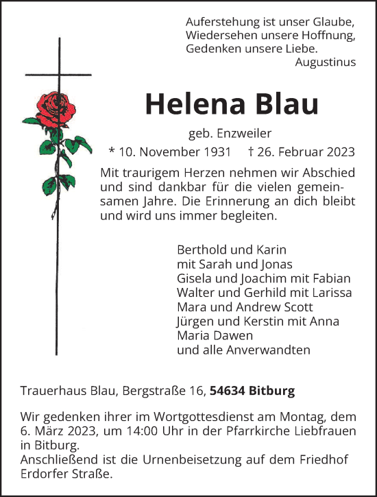 Traueranzeige von Helena Blau von trierischer_volksfreund