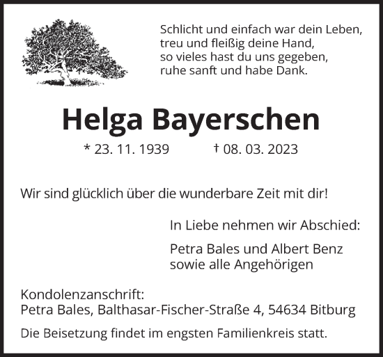 Traueranzeige von Helga Bayerschen von trierischer_volksfreund