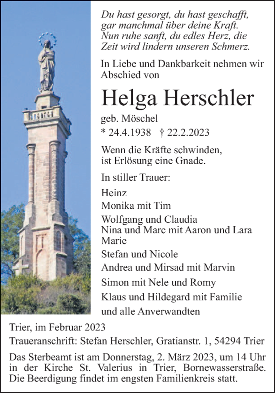 Traueranzeige von Helga Herschler von trierischer_volksfreund