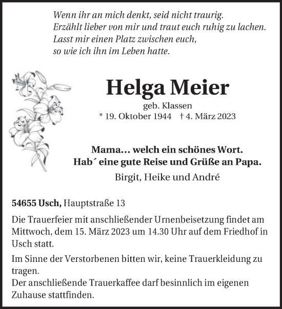 Traueranzeige von Helga Meier von trierischer_volksfreund