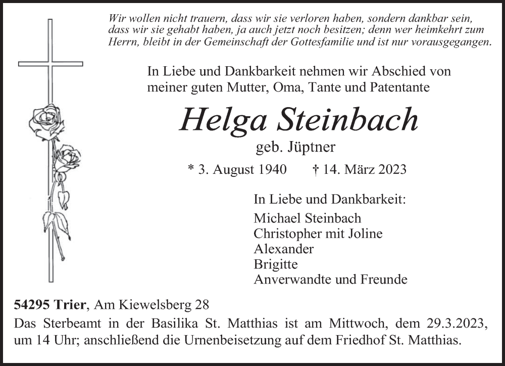  Traueranzeige für Helga Steinbach vom 25.03.2023 aus trierischer_volksfreund