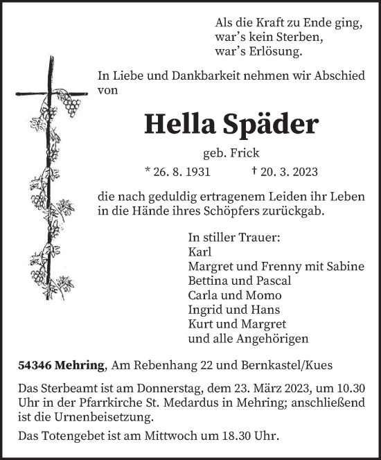 Traueranzeige von Hella Späder von trierischer_volksfreund