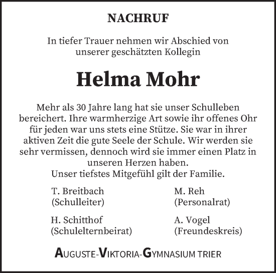 Traueranzeige von Helma Mohr von trierischer_volksfreund
