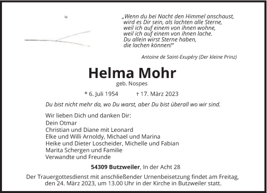 Traueranzeige von Helma Mohr von trierischer_volksfreund