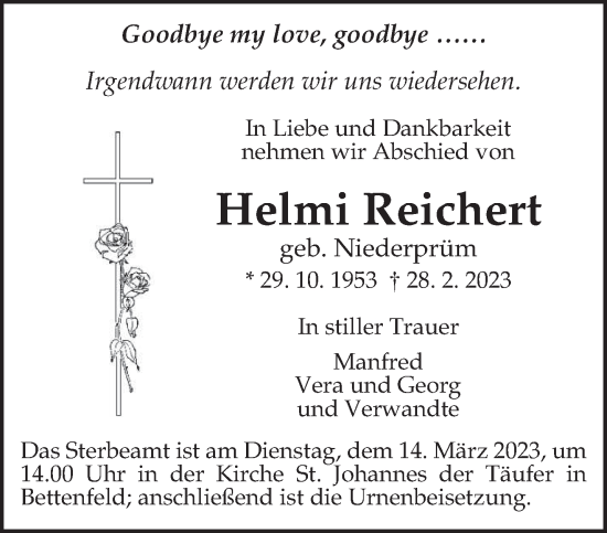 Traueranzeige von Helmi Reichert von trierischer_volksfreund