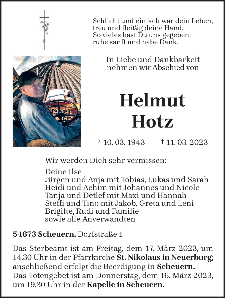  Traueranzeige für Helmut Hotz vom 15.03.2023 aus trierischer_volksfreund