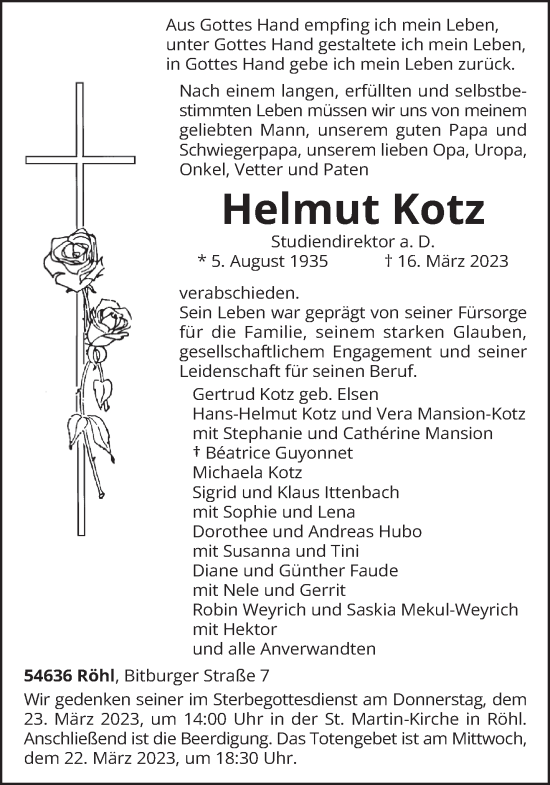 Traueranzeige von Helmut Kotz von trierischer_volksfreund
