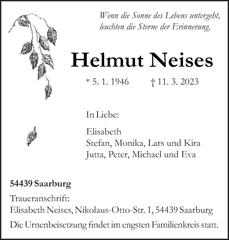 Traueranzeige für Helmut Neises vom 18.03.2023 aus trierischer_volksfreund