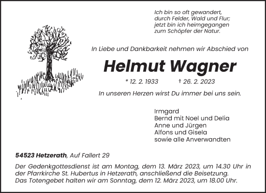 Traueranzeige von Helmut Wagner von trierischer_volksfreund
