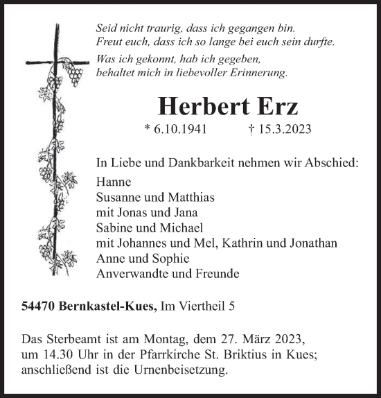 Traueranzeige von Herbert Erz von trierischer_volksfreund