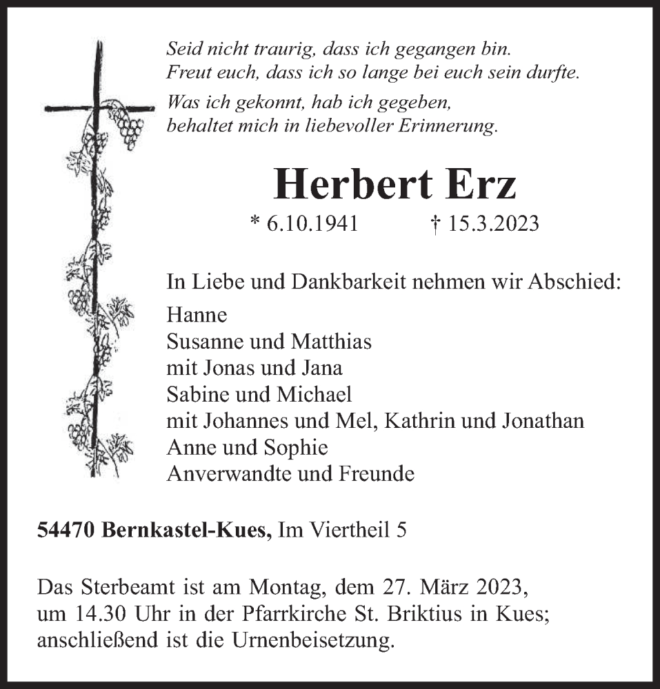  Traueranzeige für Herbert Erz vom 18.03.2023 aus trierischer_volksfreund