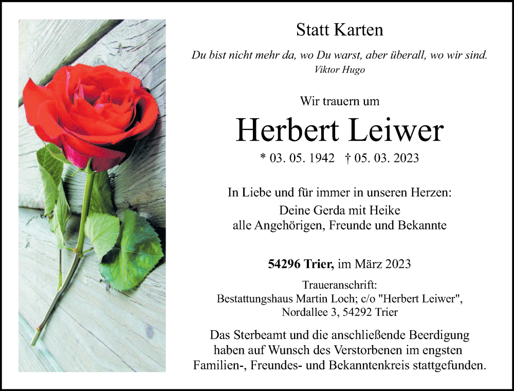  Traueranzeige für Herbert Leiwer vom 18.03.2023 aus trierischer_volksfreund