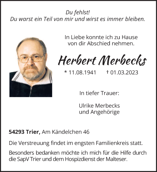 Traueranzeige von Herbert Merbecks von trierischer_volksfreund