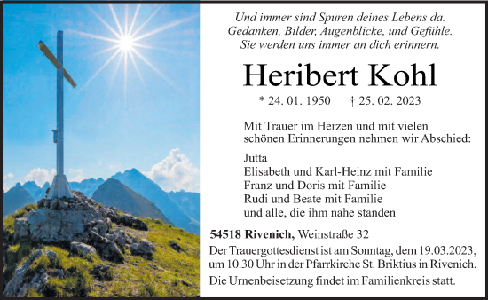 Traueranzeige von Heribert Kohl von trierischer_volksfreund