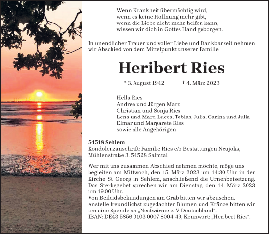 Traueranzeige von Heribert Ries von trierischer_volksfreund