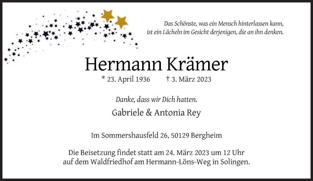  Traueranzeige für Hermann Krämer vom 18.03.2023 aus trierischer_volksfreund