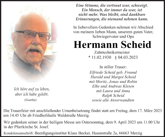 Traueranzeige von Hermann Scheid von trierischer_volksfreund