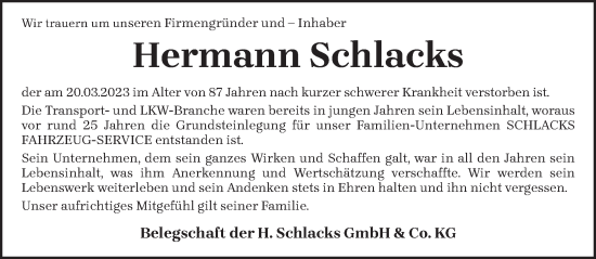 Traueranzeige von Hermann Schlacks von trierischer_volksfreund