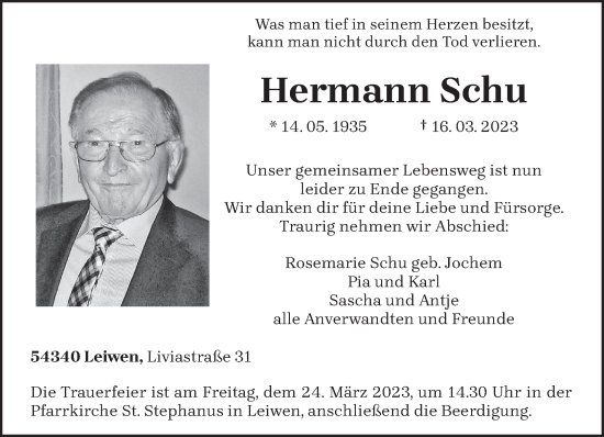 Traueranzeige von Hermann Schu von trierischer_volksfreund