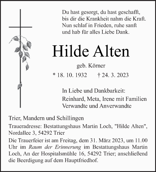 Traueranzeige von Hilde Alten von trierischer_volksfreund