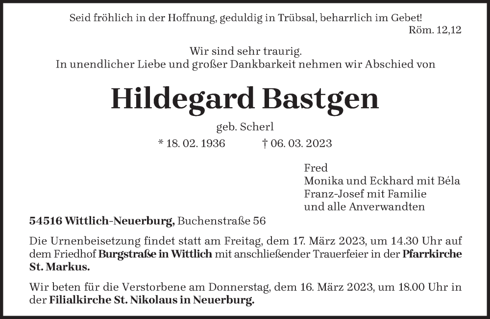  Traueranzeige für Hildegard Bastgen vom 11.03.2023 aus trierischer_volksfreund