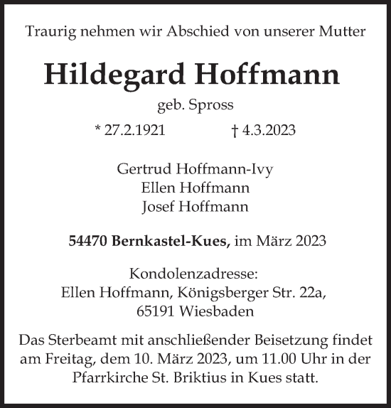 Traueranzeige von Hildegard Hoffmann von trierischer_volksfreund