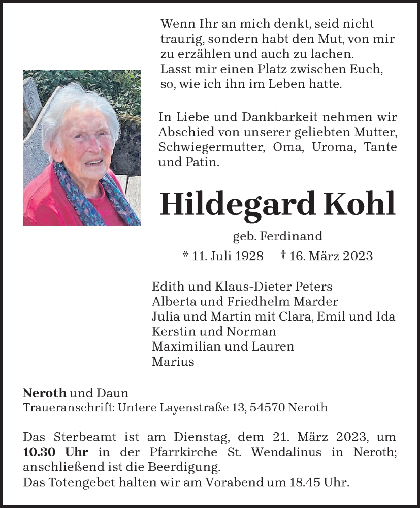  Traueranzeige für Hildegard Kohl vom 18.03.2023 aus trierischer_volksfreund