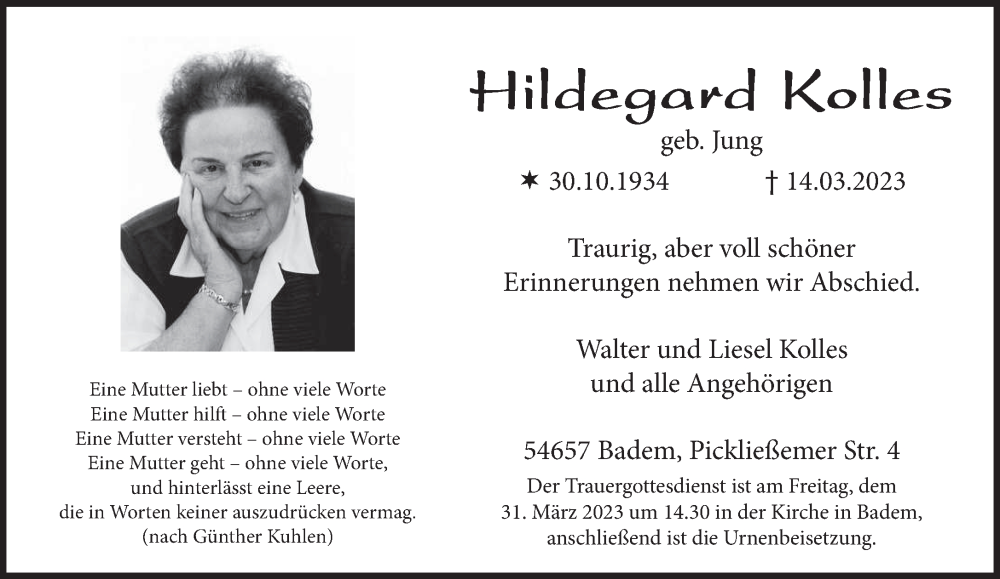  Traueranzeige für Hildegard Kolles vom 25.03.2023 aus trierischer_volksfreund