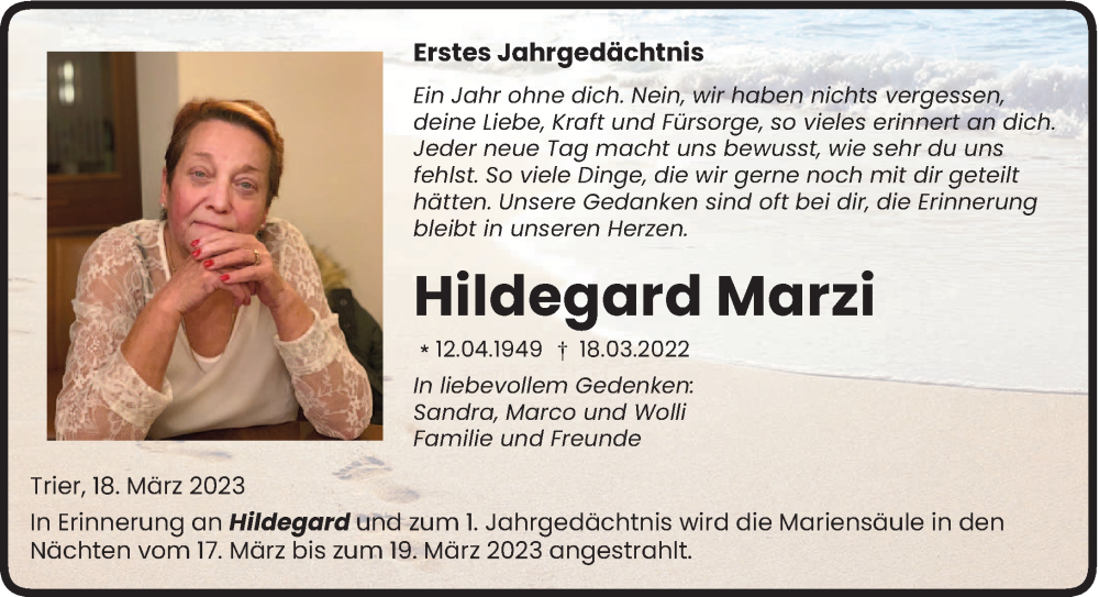  Traueranzeige für Hildegard Marzi vom 18.03.2023 aus trierischer_volksfreund