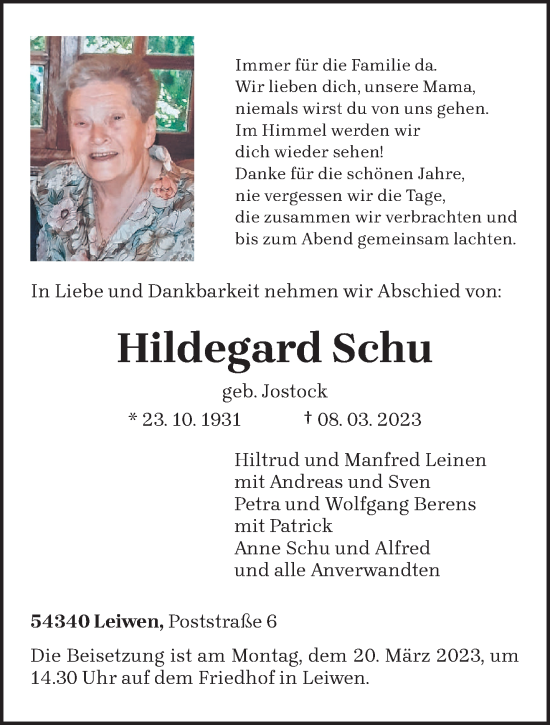 Traueranzeige von Hildegard Schu von trierischer_volksfreund