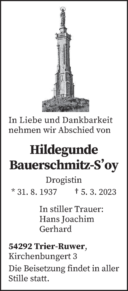 Traueranzeige von Hildegunde Bauerschmitz von trierischer_volksfreund