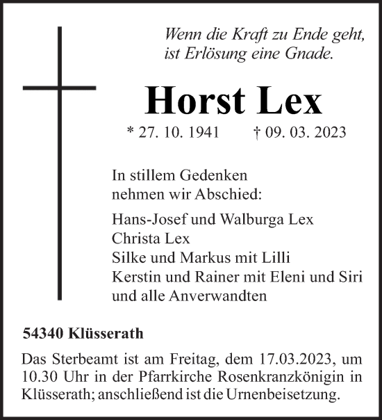 Traueranzeige von Horst Lex von trierischer_volksfreund