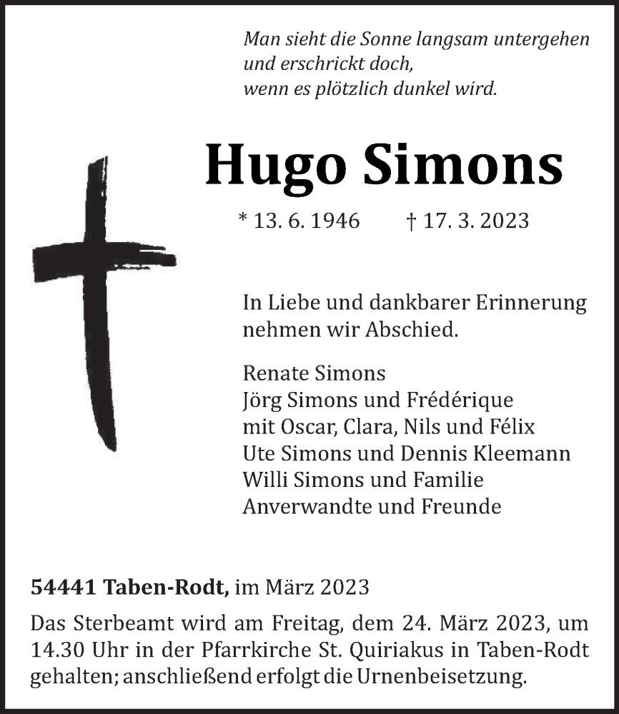  Traueranzeige für Hugo Simons vom 21.03.2023 aus trierischer_volksfreund