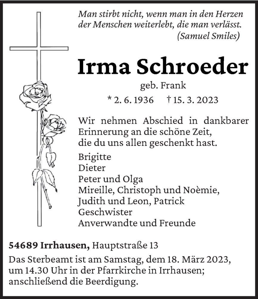  Traueranzeige für Irma Schroeder vom 17.03.2023 aus trierischer_volksfreund