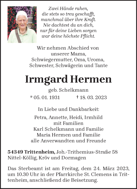 Traueranzeige von Irmgard Hermen von trierischer_volksfreund