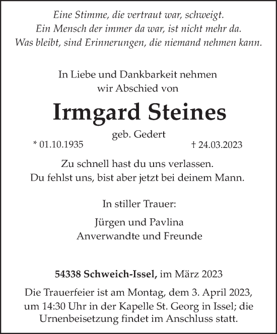 Traueranzeige von Irmgard Steines von trierischer_volksfreund